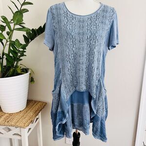 Simply Couture Blue Layered Earthy Soft Bohemian Gypsy Style Blouse Pockets Lg